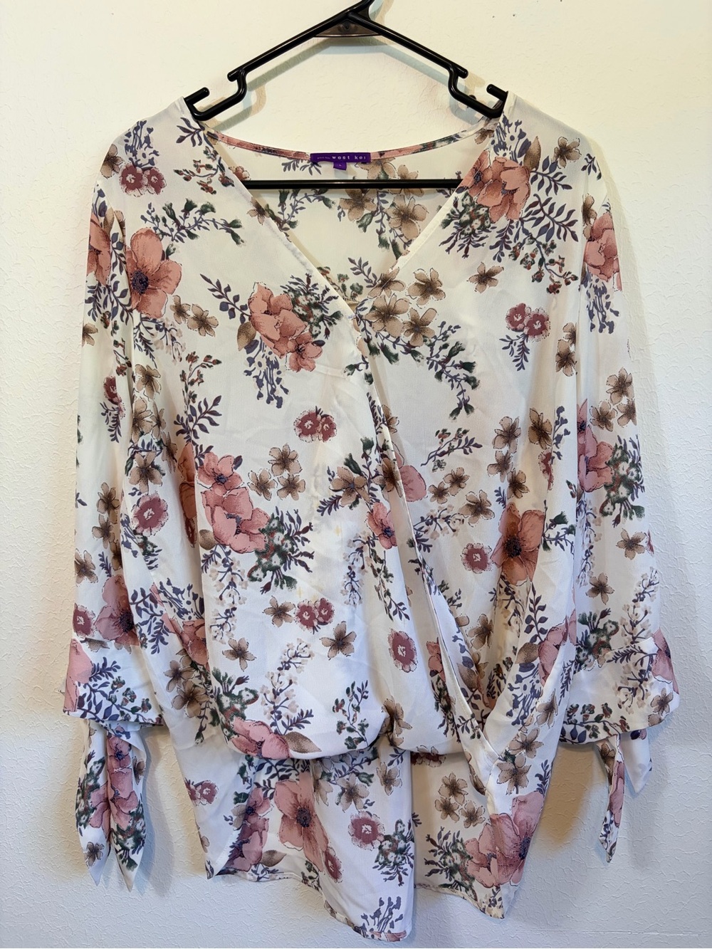 Floral Surplice Wrap Blouse Tie Sleeve Boho Top Size Large